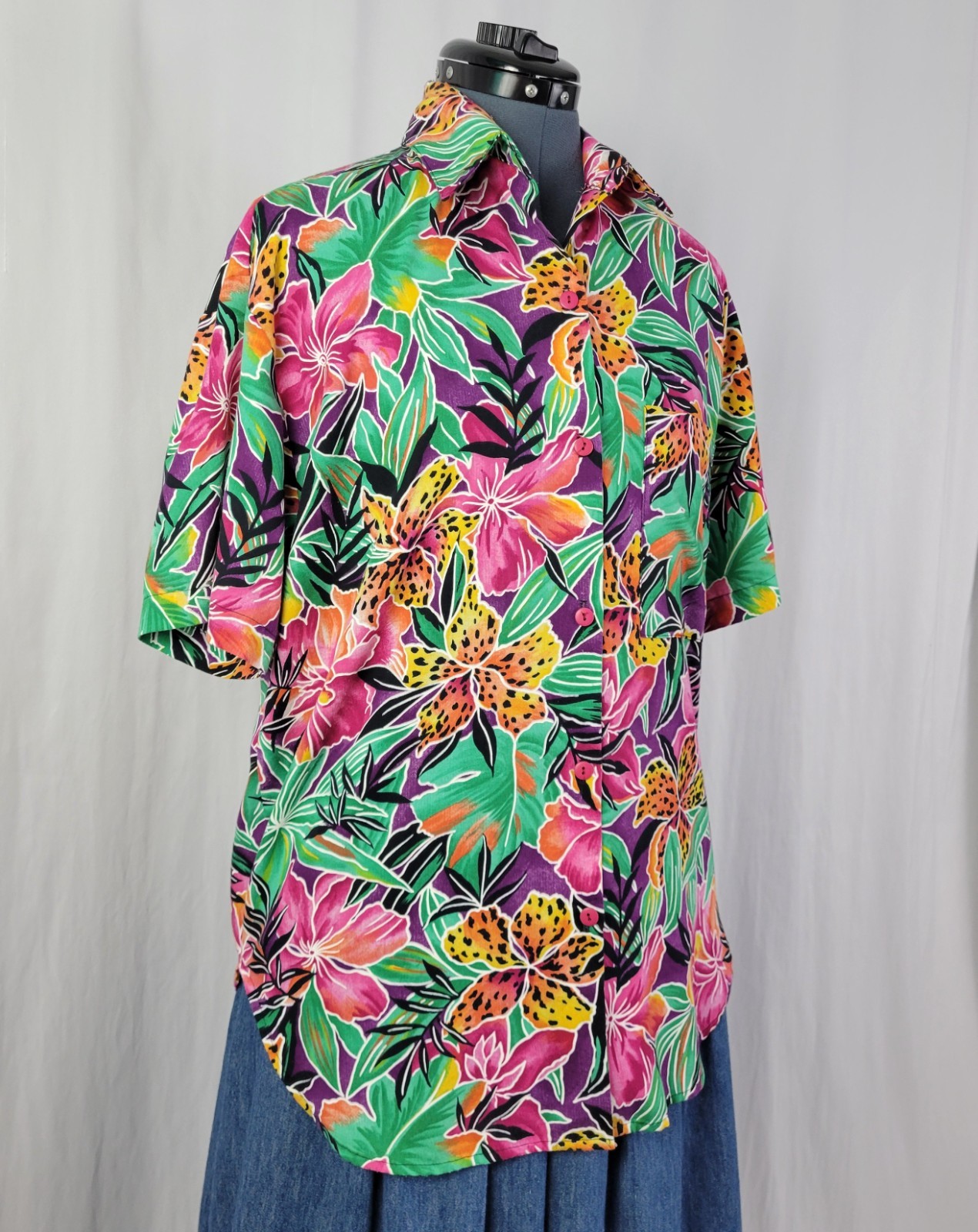 Vintage American Weekend Purp/Pink/Yell/Orange/Green Tropical Floral Top Size M