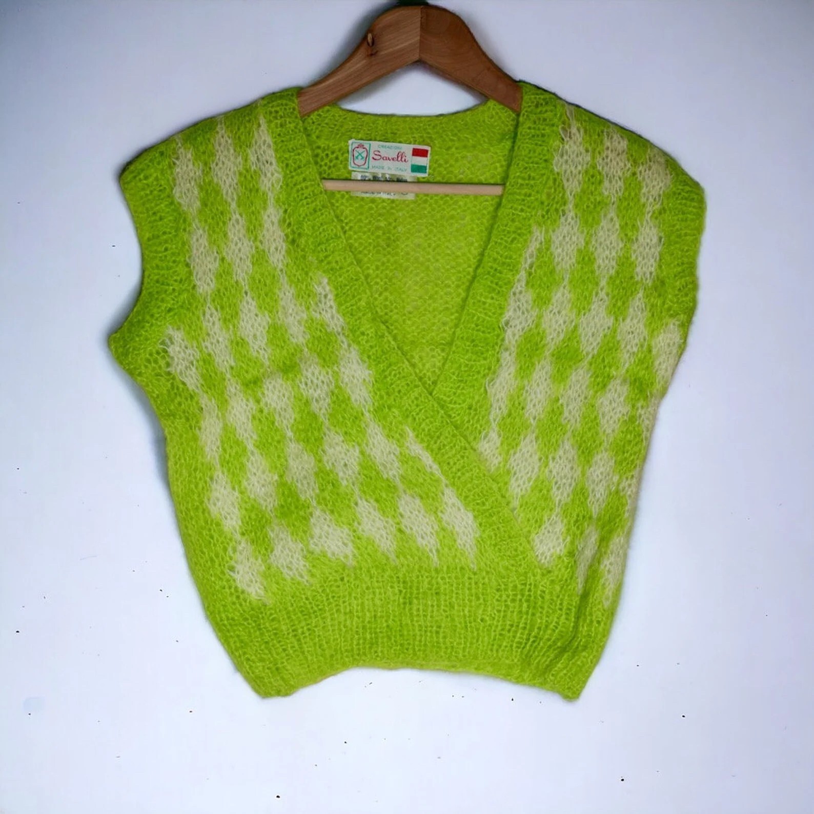 vintage 60s neon bright dayglo harlequin sleeveless sweater vest unique luxury