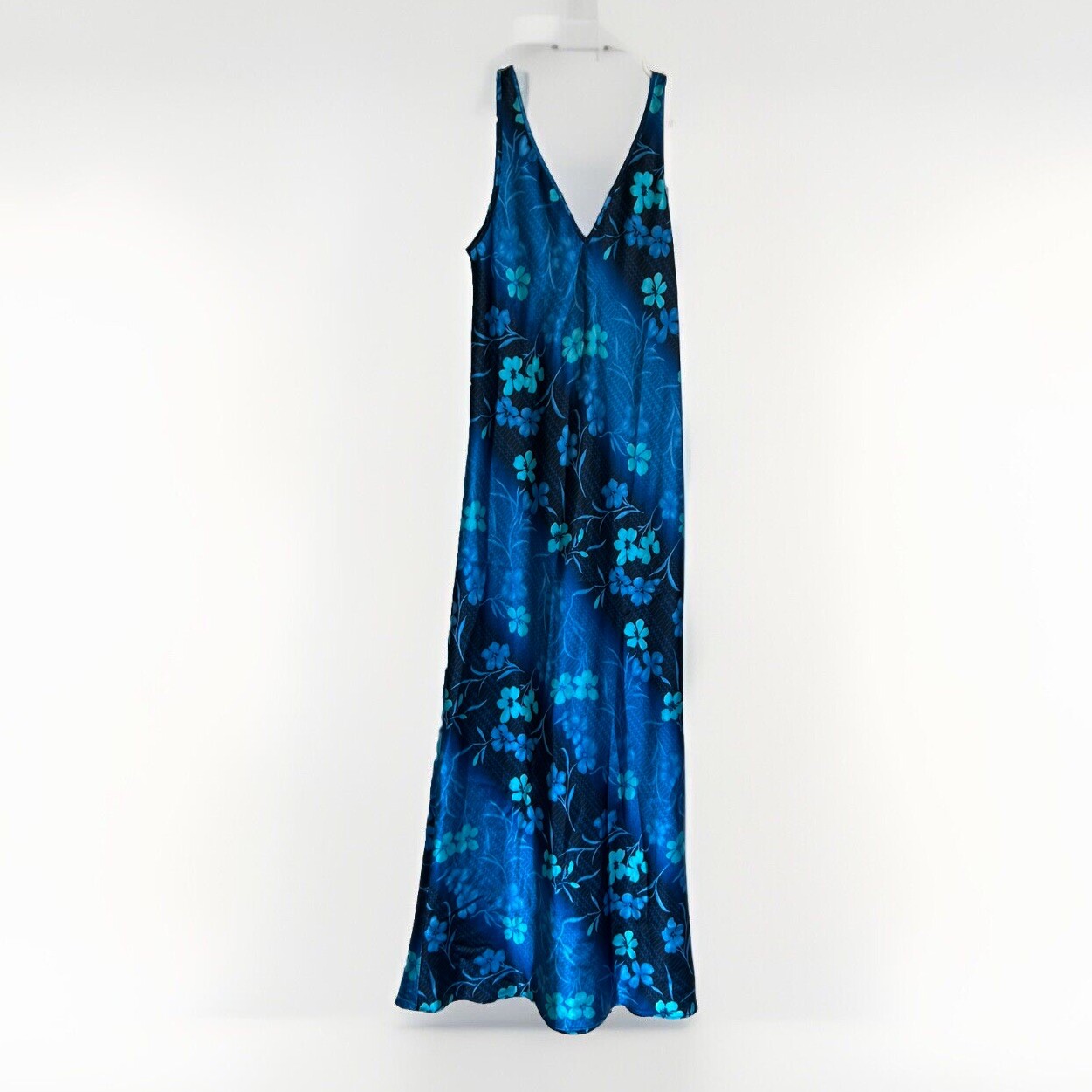 Vintage 90s Y2K Warners Sleepwear Blue Floral Maxi Satin Slip Dress Long S