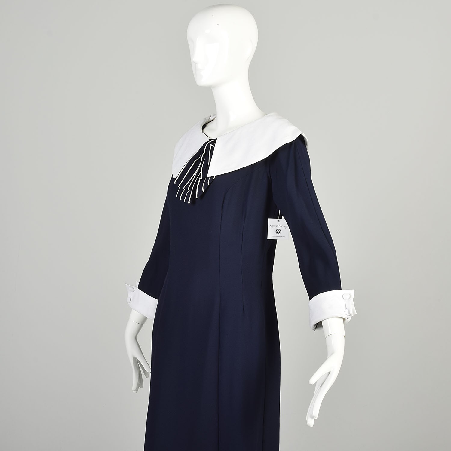 Large 1960s Navy Blue Dress Wide White Collar Stripe Bow 3/4 Sleeve French Cuff