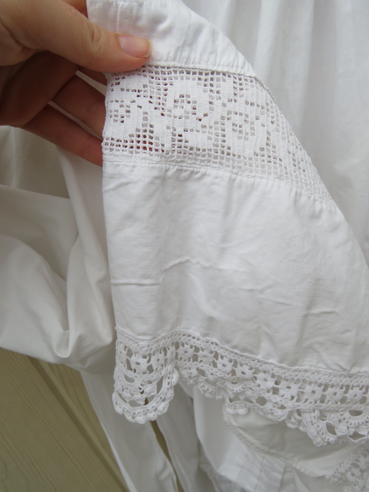 Antique Victorian Edwardian Tucked Apron Eyelet Lace Trim