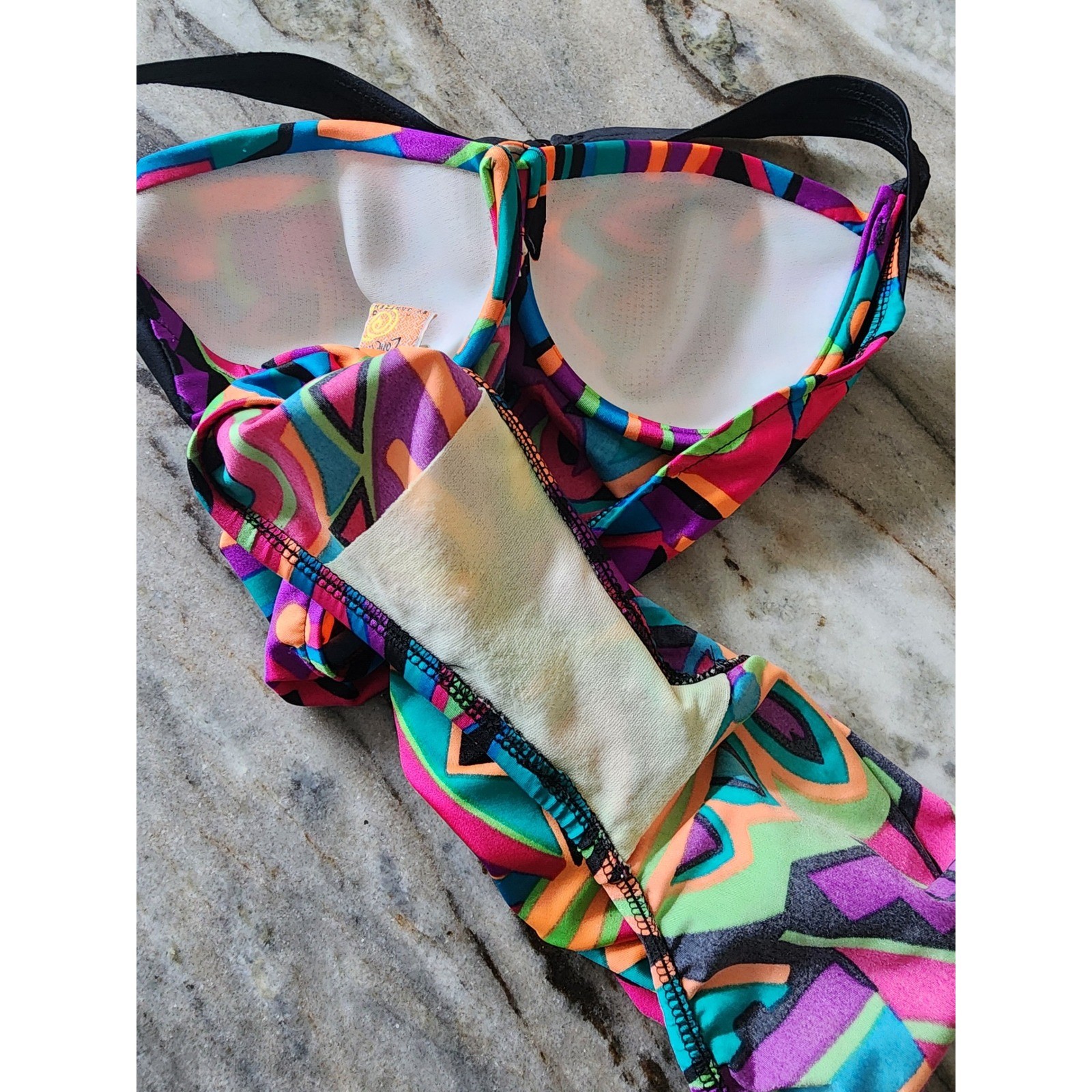 VTG 90s Coastal Zone Jantzen Neon Abstract Geometric One Piece Swimsuit Halter