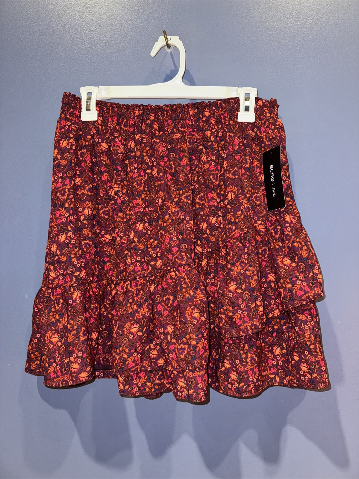 Womens Large Ruffle Skirt, Short, Lined, Paris, Wine Floral BCBG NWT 30” X 18”