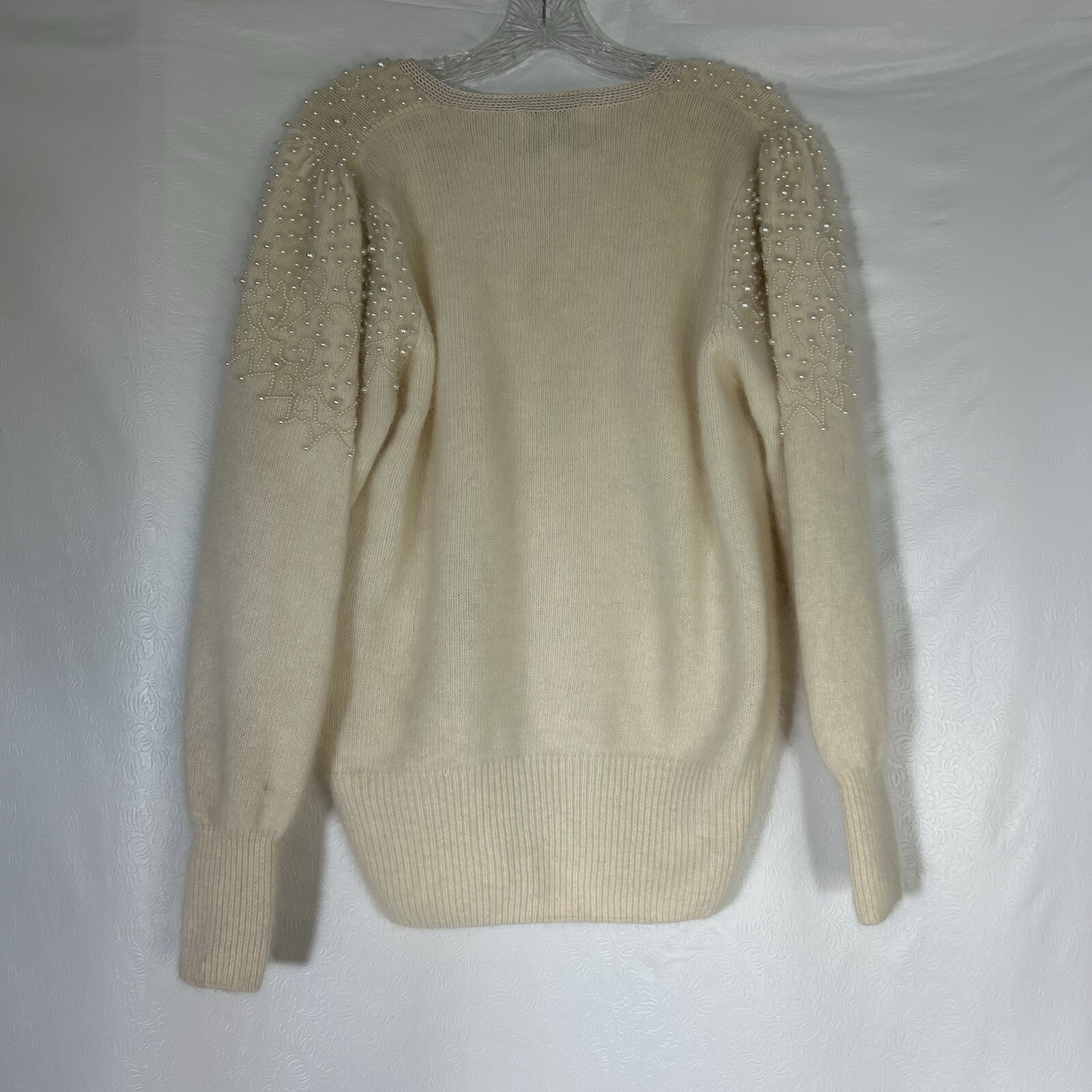 Vintage 80s Side Effects Beaded Ivory Wool Angora Rabbit Hair Sweater Sz M