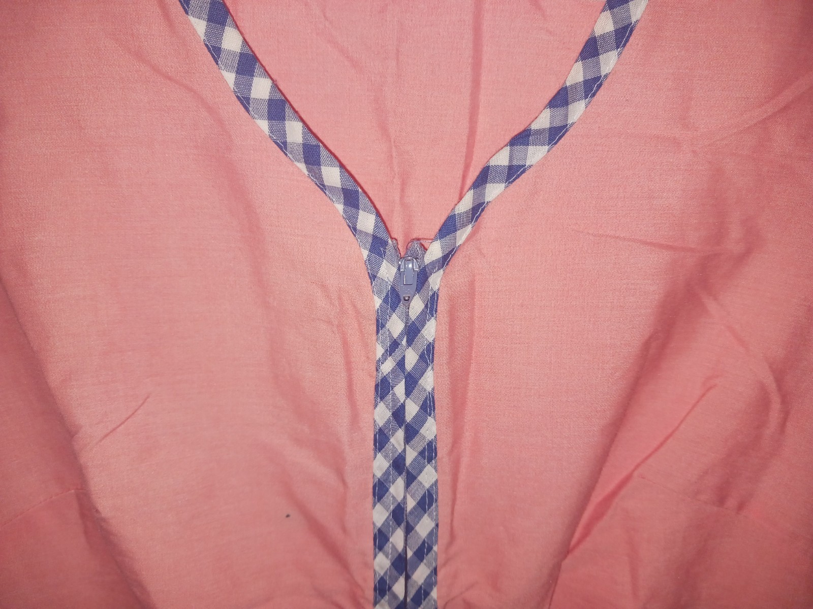 VTG 60s/70s Komar Zippered House Dress Sleeveless M Peach/Blue Gingham Trim