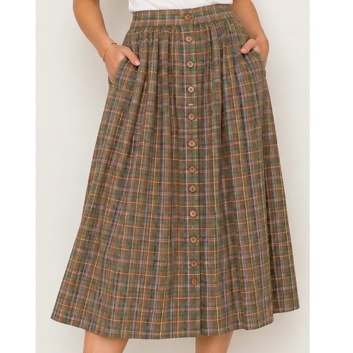 VTG 80s Saks Fifth Avenue Plaid Midi Skirt 12 Brown Cotton Ramie Button Front