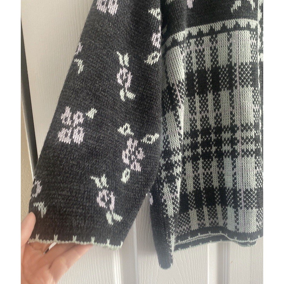 Arielle Vintage Floral Plaid Sweater Womens Size Large Gray Knit Y2K USA