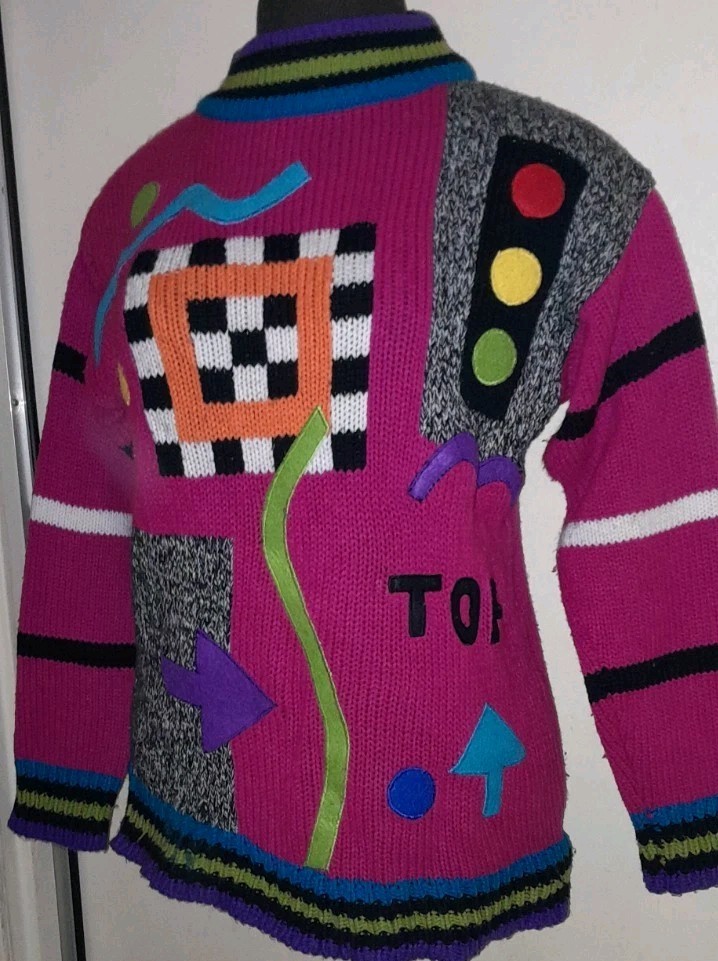 Vtg 80s 90s Croquet Club Knit Abstract Novelty Pop Saved Bell Full House Sweater
