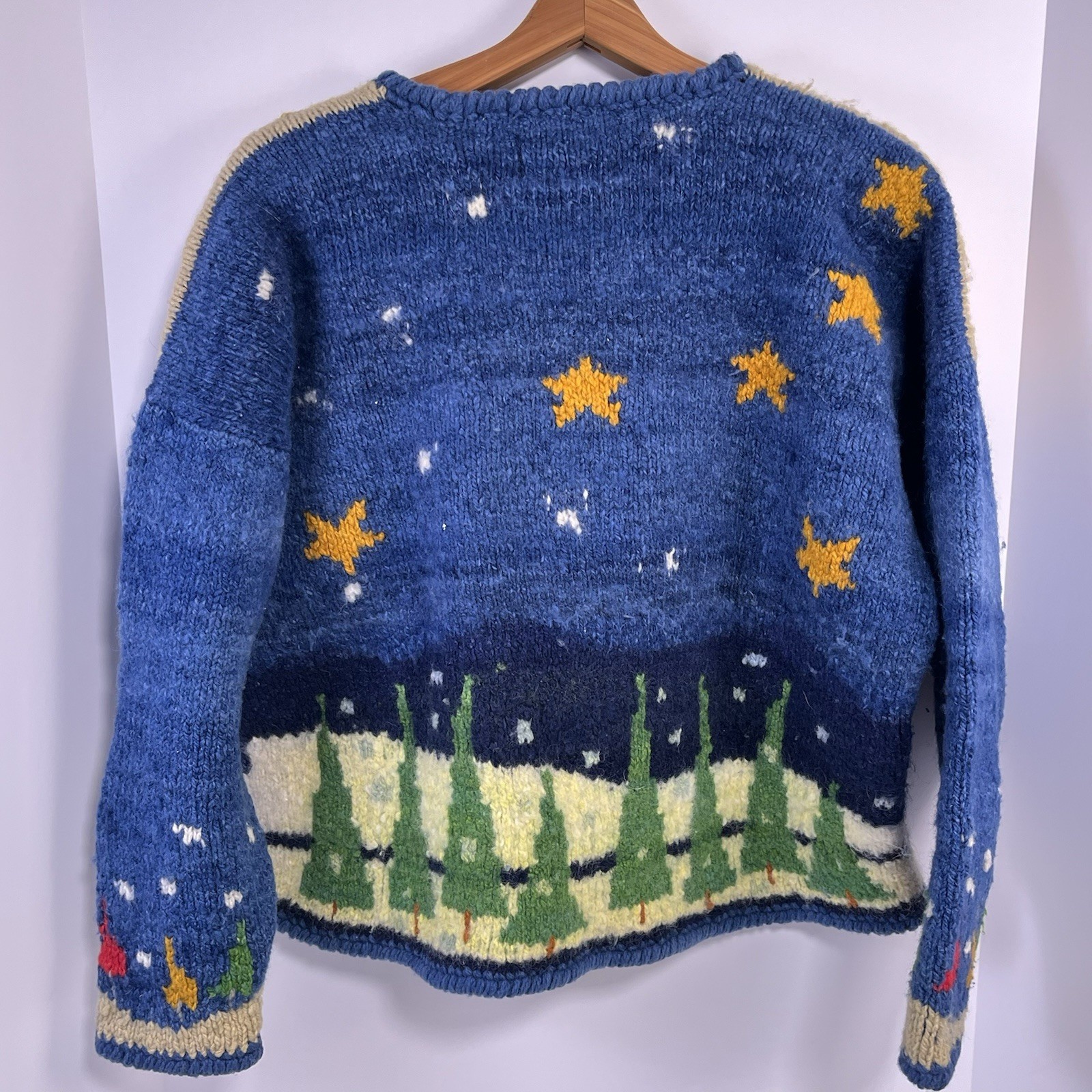 Vtg Amano Bolivian Wool Hand Knit Sweater Christmas Trees Stars Night Sky Aymara