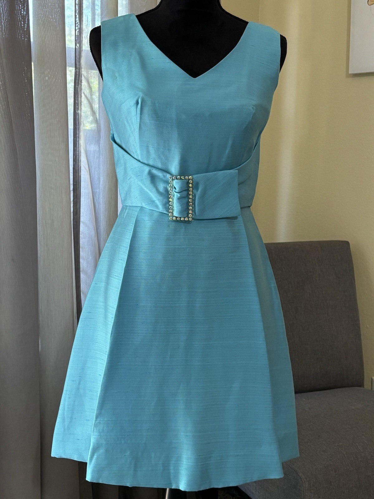 Vintage Union Made Turquoise Silk Dress w/ Lucite Belt | 1960s Palm Beach Style