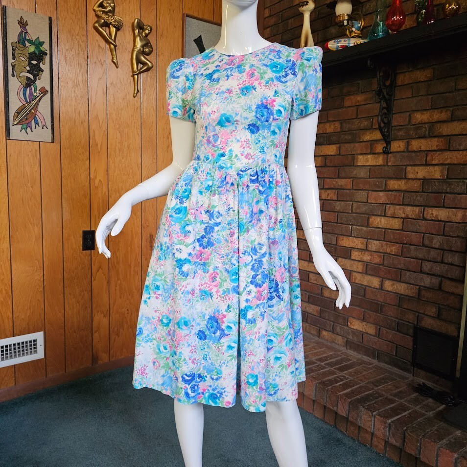 Vtg 80s Femme Coquette Romantic Floral Puff Sleeve Full Skirt Tea Dress P XS/S