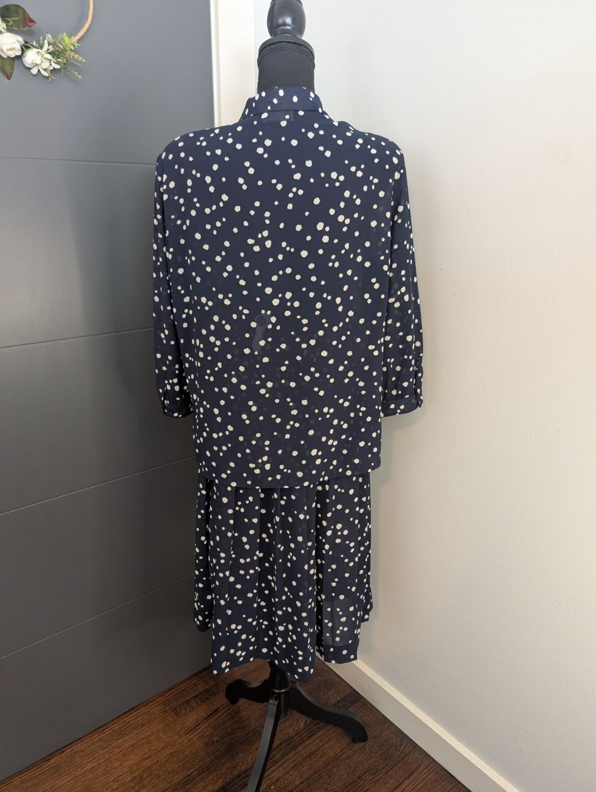 Vintage Campus Casuals Navy Polka Dot Two-Piece Set – Blouse & Skirt – 14