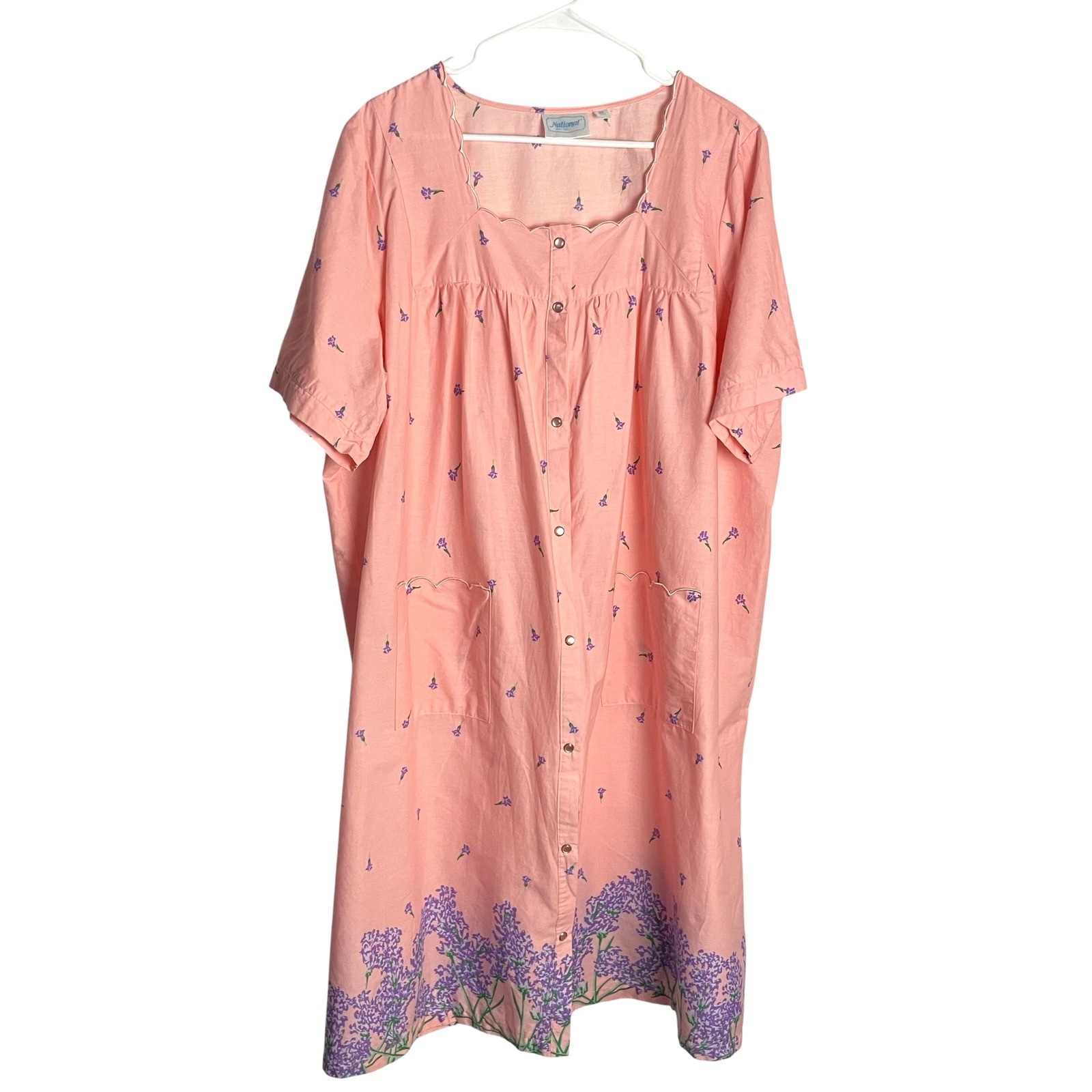 Vtg Cottagecore Floral House Coat Shift Dress Sz 3X Pink Snap Up Short Sleeve