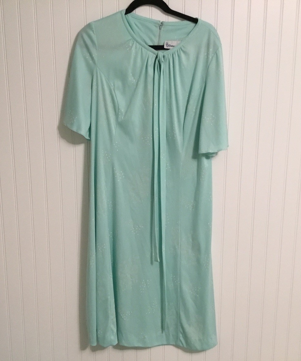 Vintage Damon Dress Teal With Creme Design Flowy Sleeves Size Medium Zip Back