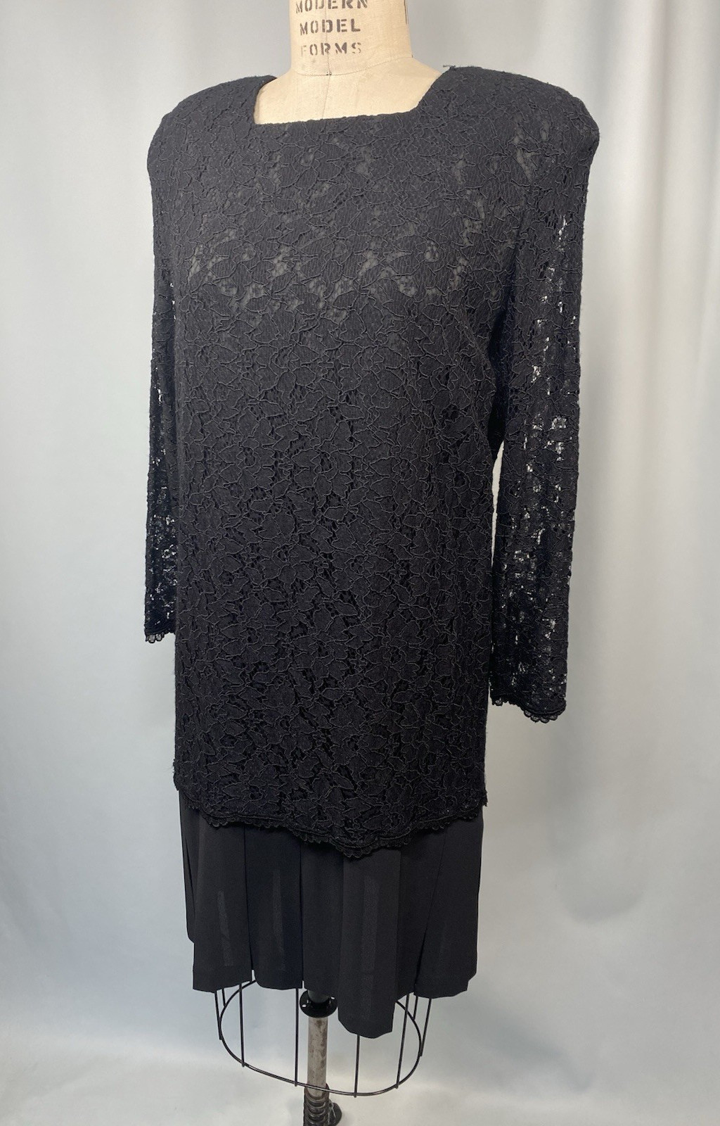 Vintage Dress SIZE 8 black lace pleat drop waist flapper MS CHAUS 20s 80s 90s