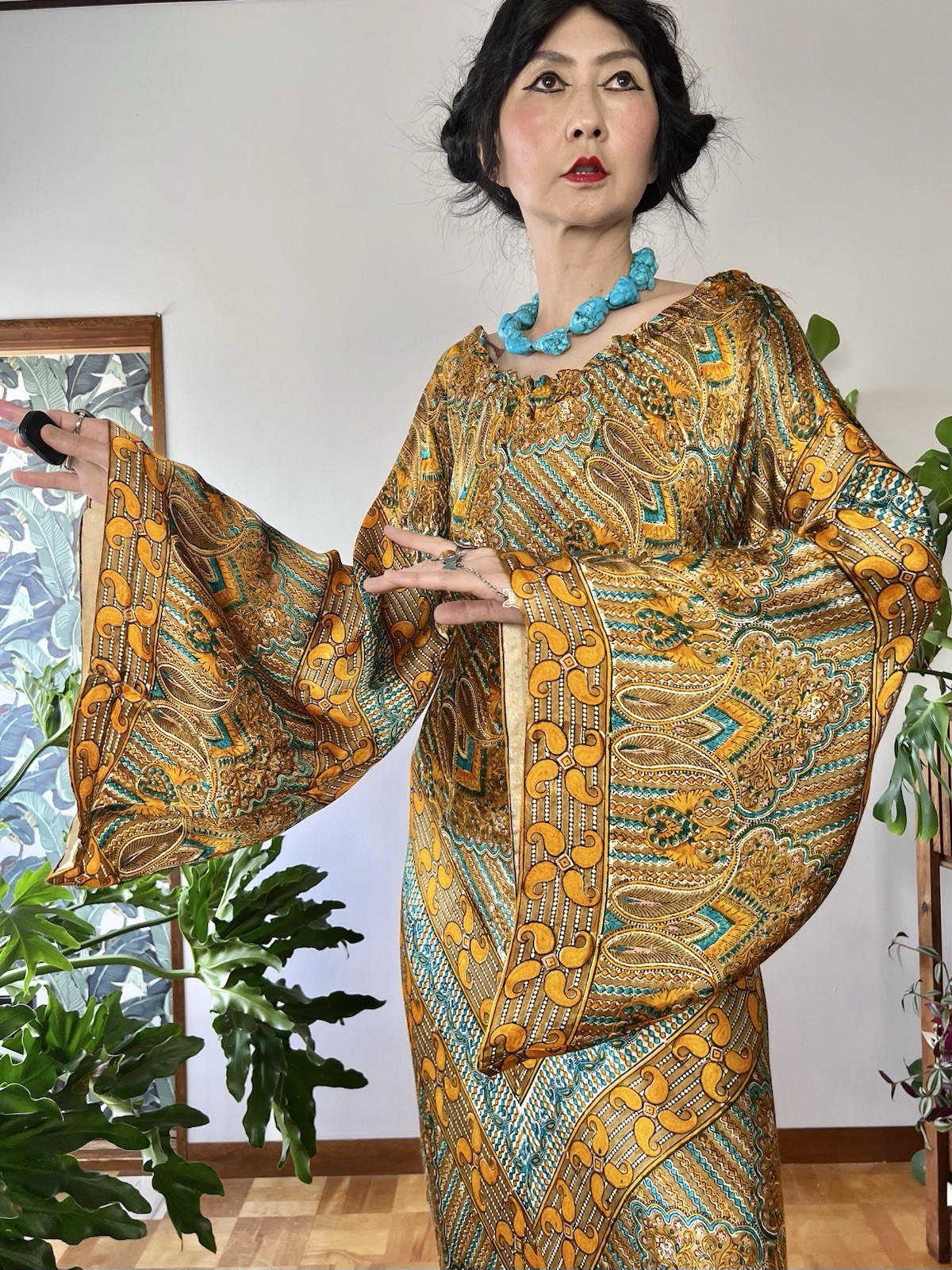 RARE 1960s 70s Psychedelic Chevron Caftan Dress Bias Cut Butterfly Sleeve Boho