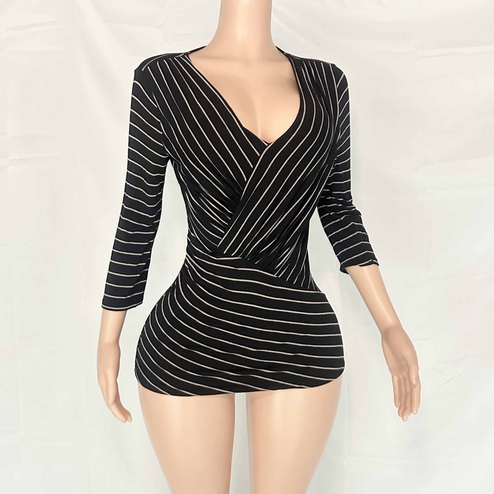 Early 2000s Y2K Vintage Black Pinstripe Surplice Top Women’s Size Small
