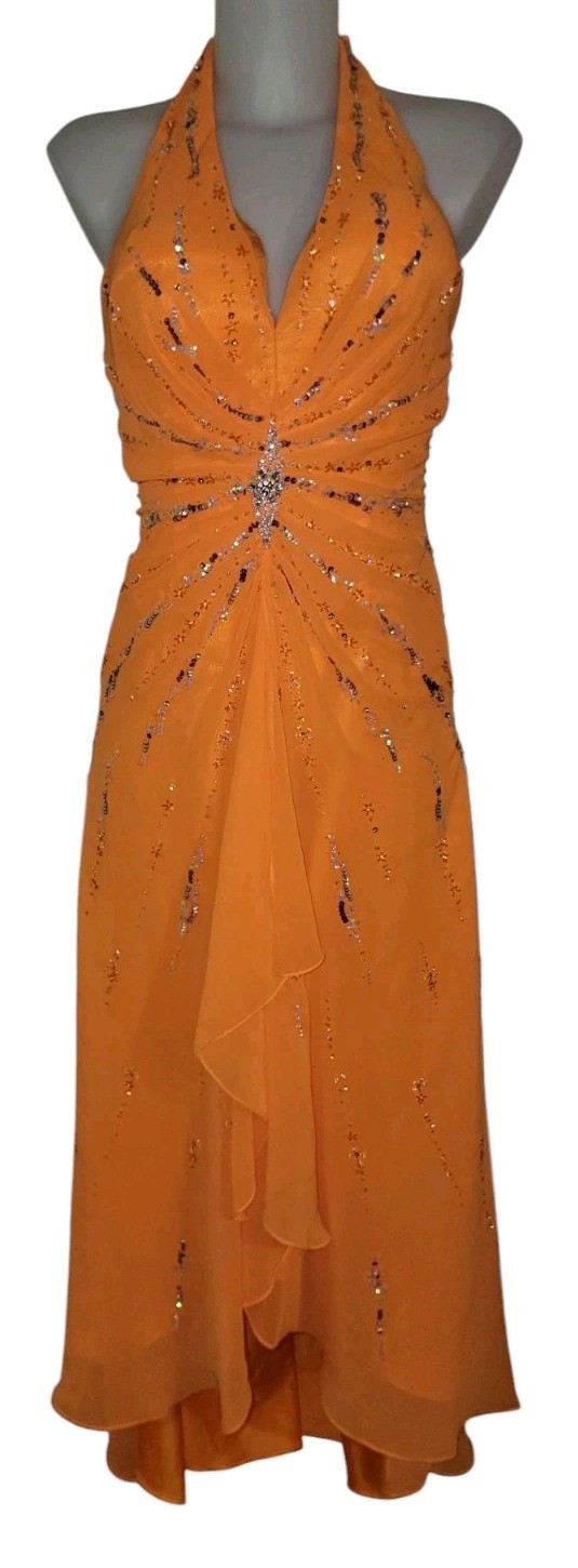 Vtg Y2k Orange Sequin Ruffle Whimsy Balletcore Fairy Coquette Prom Dress Sz 14