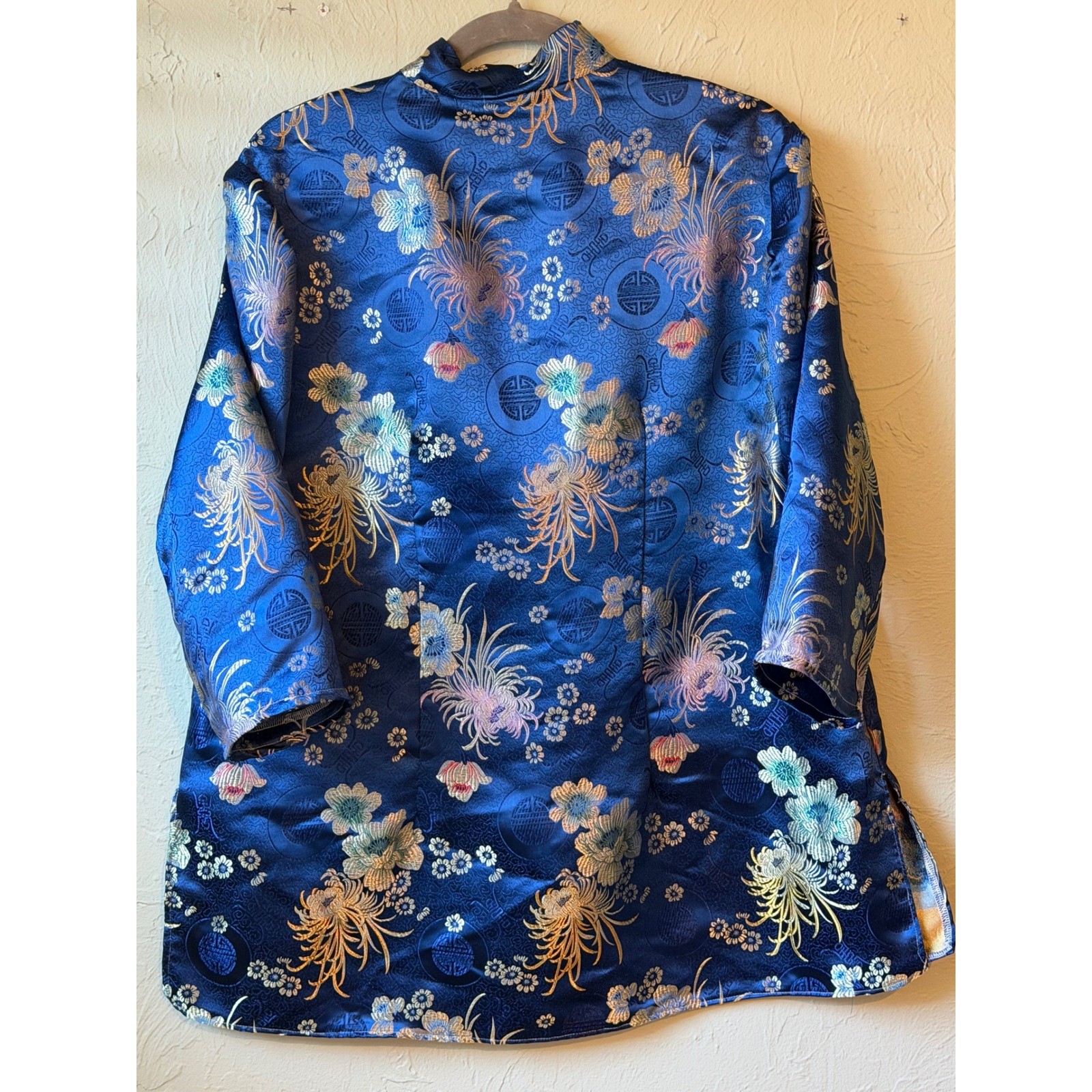 Vintage Blue Floral Satin Brocade Mandarin Collar Frog Closure Tunic Top L