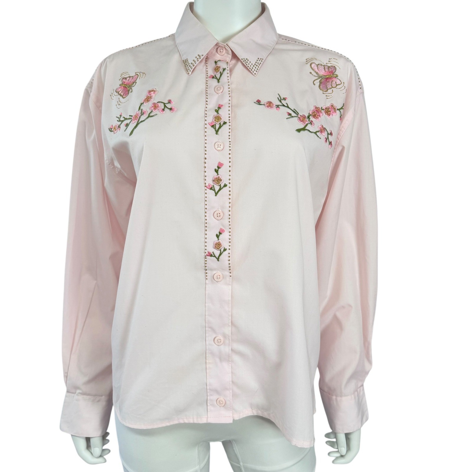 Pink Embroidered Floral Button Up Fairycore Western Romantic Cottagecore Large