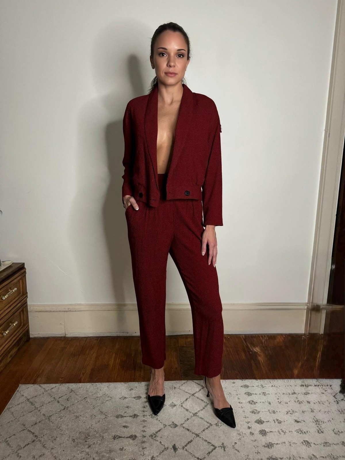 80s womens power suit / drapey cropped jacket pleated high waist pants