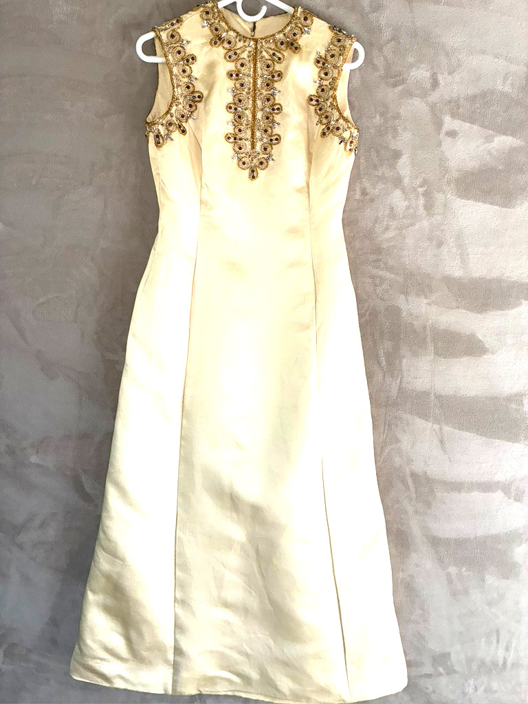 VTG 50’s 60’s Formal Women’s Gown Butter Yellow S Sleeveless Embellished Lined