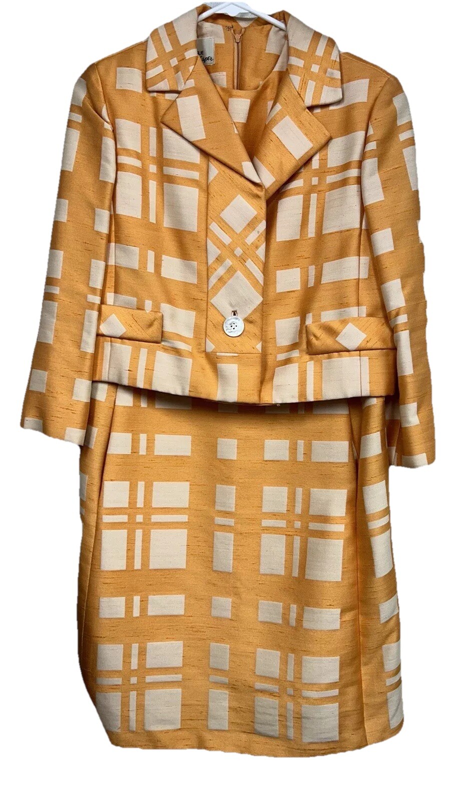 Joan Leslie Kasper Vtg 1960s Silk Dress & Jacket USA Orange White !!EXQUISITE!!