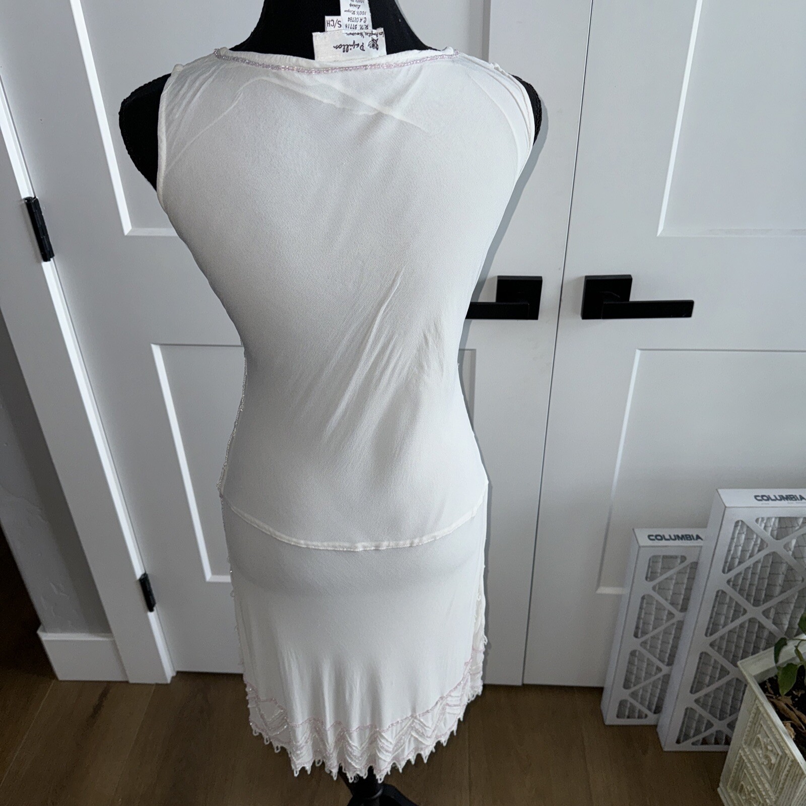 Vintage White Papillon Dress Beaded Fairycore Pink Flapper Rayon Wedding Y2K Sm