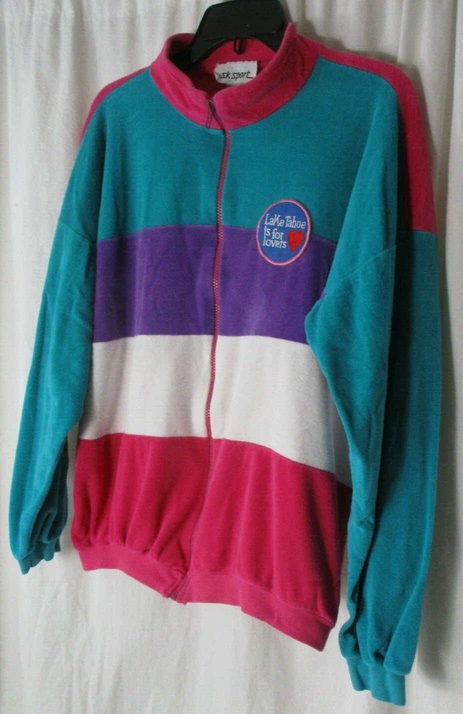 VTG SK SPORT 80’s Velour Track Jacket Lake Tahoe is for Lovers Color Block Sz M