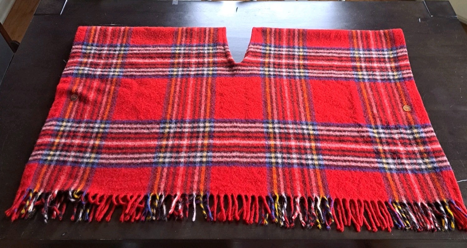 Vintage 70s Langtry Ltd. Wool Poncho/Cape One Size Red Plaid Fringe Boho Hippy