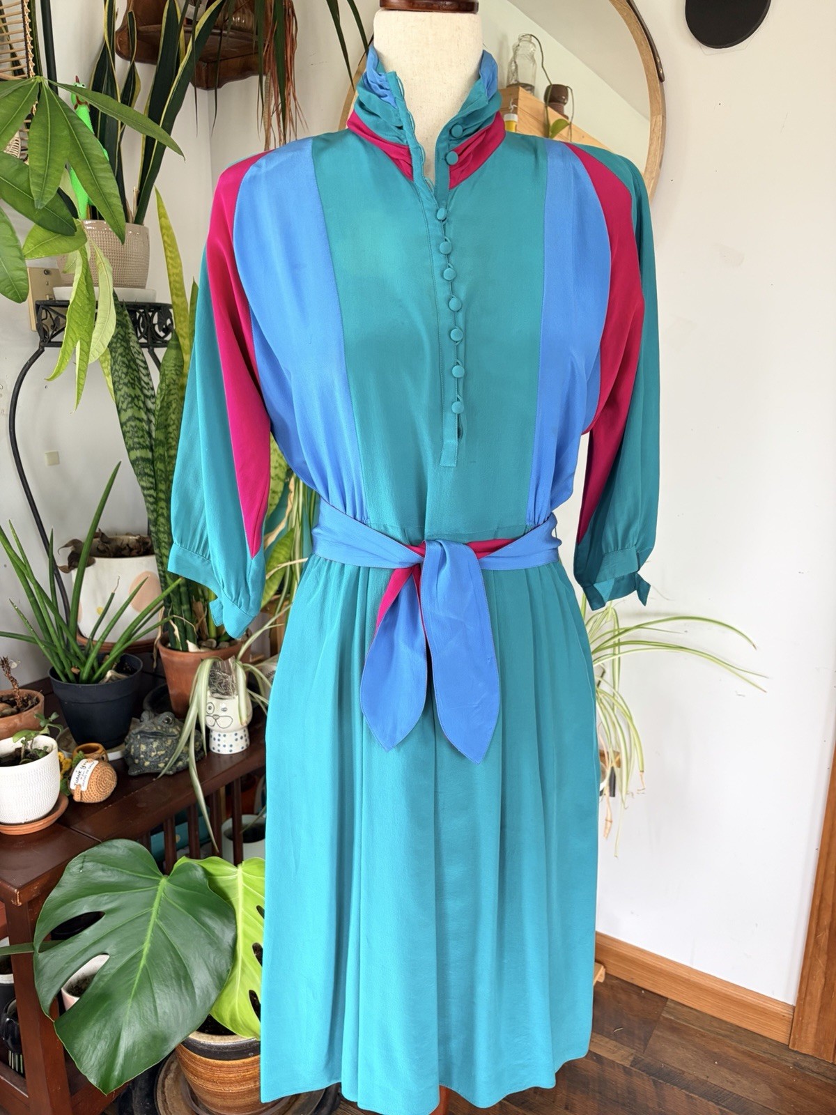 Vintage Pat Argenti 100% Silk Colorblock Dress Midi Size 4 Whimsigoth Retro 80s⁠