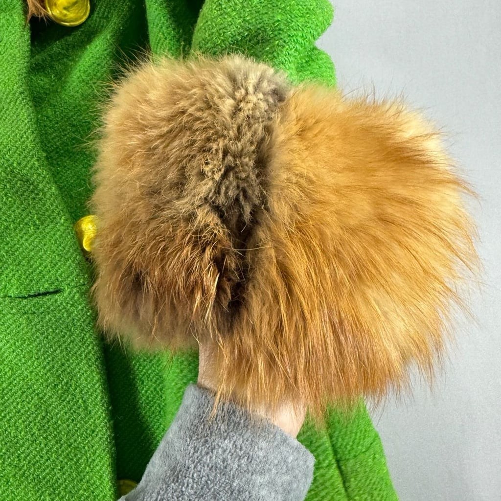 Vintage Green Wool Fur Collar Coat With Yellow Buttons