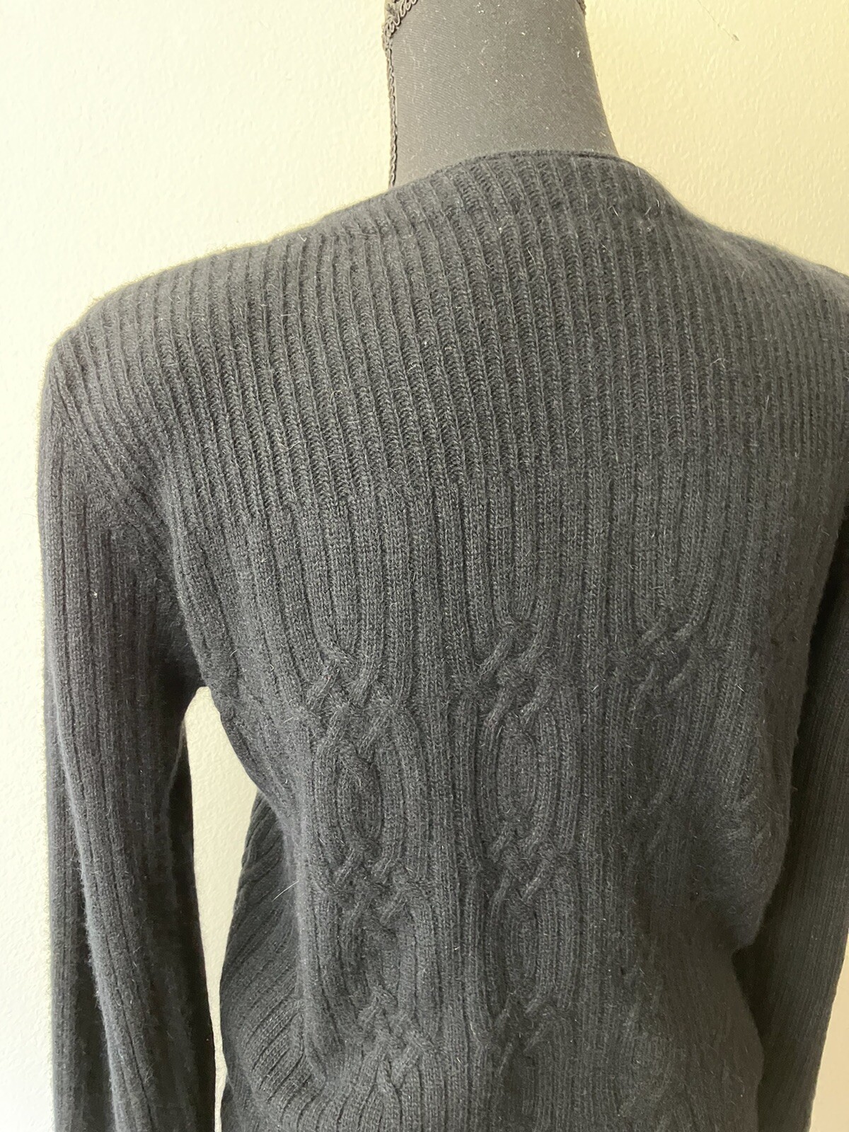 Vintage ’80s David Hollis Black Angora Blend Cable Rib Knit Cardigan Sweater S/M