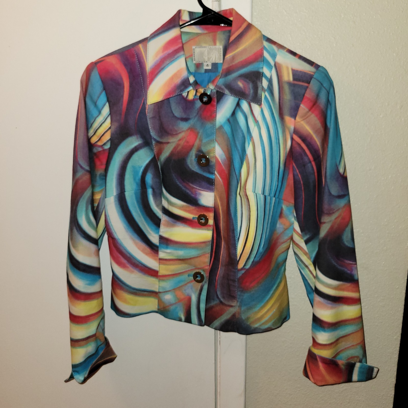Vintage 80’s Alberto Makali Blazer 4 Blue Psychedelic Western Disco Made USA