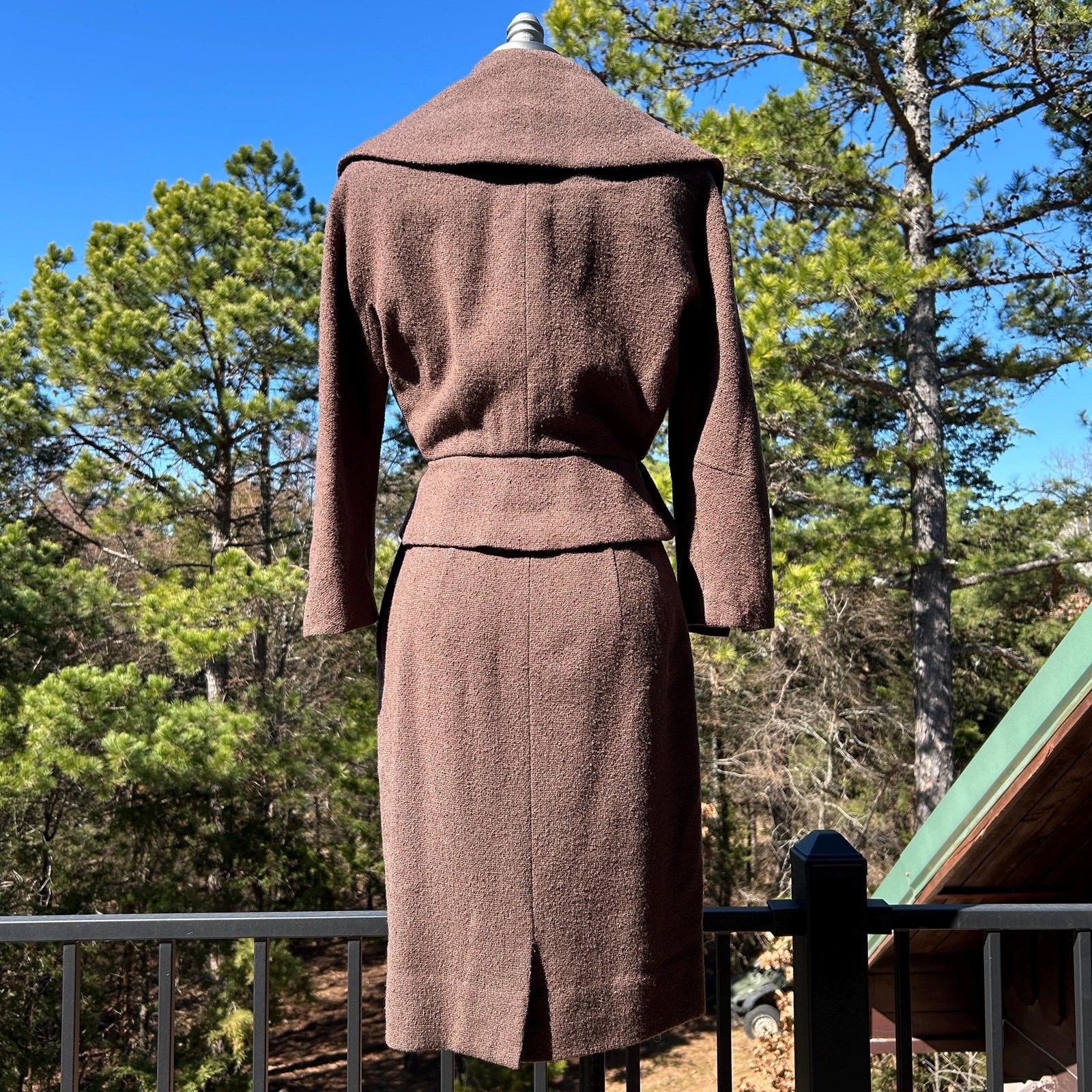 Vintage 50s/60s Mocha Brown Boucle Knit Pencil Wiggle Skirt Suit Set S