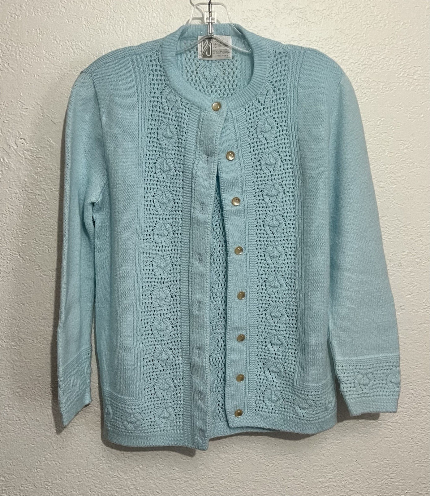 Vtg Med Baby Blue Cottagecore Feminine Grandmacore Nerd Pearl Cardigan Sweater