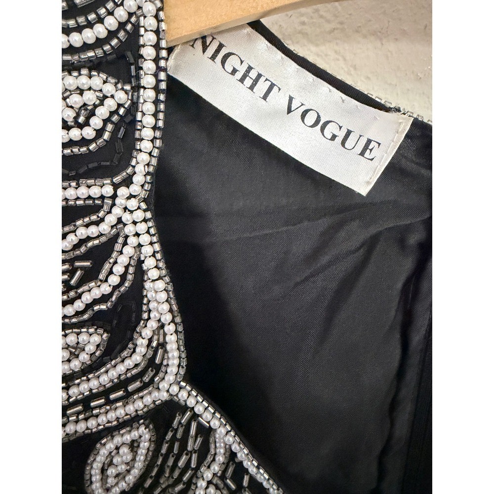 Night Vogue Vintage Black Silk Beaded Sequin Maxi Dress Art Deco Gown M Medium