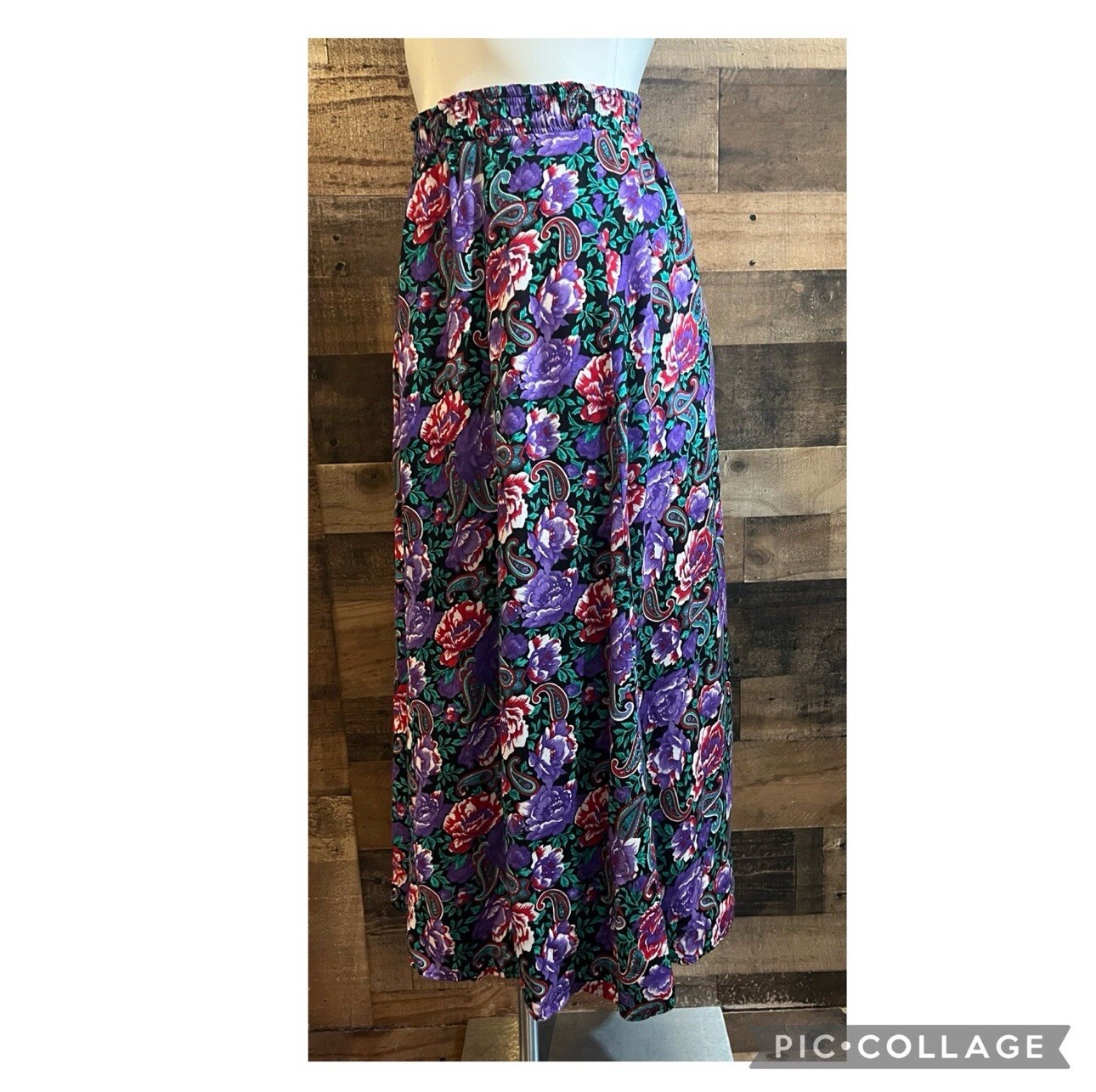 Vintage Floral Paisley Pink Purple Green Midi Flowy Skirt Cottagecore Small