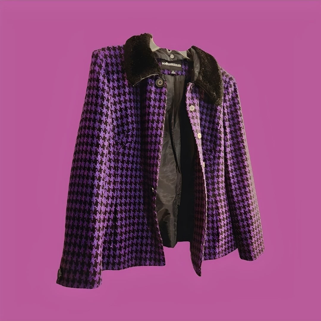 Vintage Ladies Sag Harbor Coat Purple Black Plaid Fur Color Wool Button-Up Coat