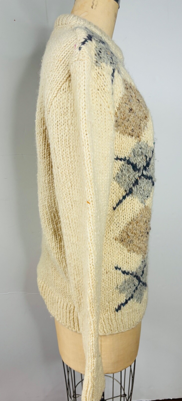 VTG GAELTARRA CREAM GRAY&TAN ARGYLE FISHERMAN HAND-KNIT IRISH WOOL SWEATER*W M/L