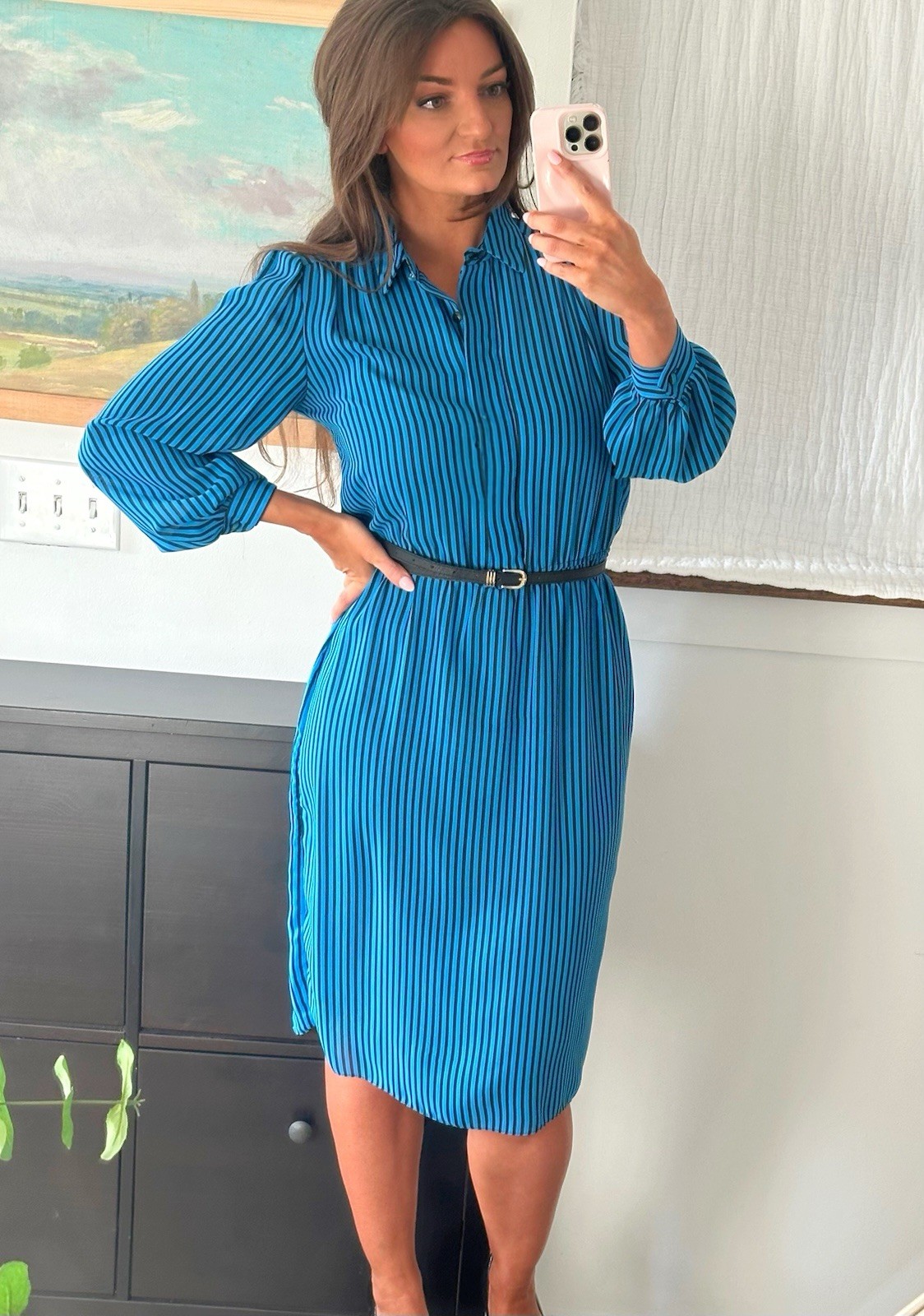 Vintage 80’s Alexis Blue black Stripe Midi Dress Long Sleeve Belt