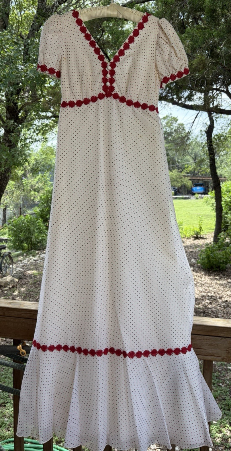 Vintage 1970’s White And Red Dotted Swiss Prairie Maxi Dress Cottage Core Boho