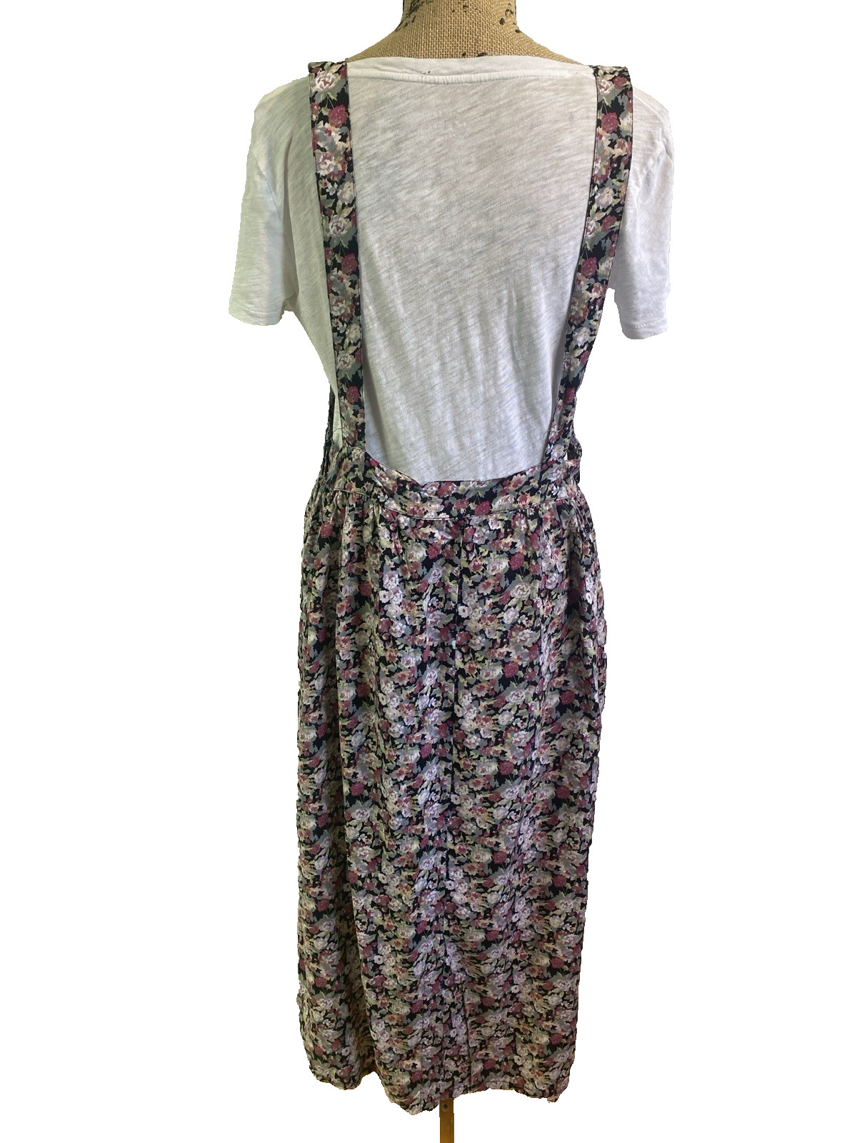 90’s Women’s Vintage Cottagecore Black Floral Pinafore Apron Maxi Dress M
