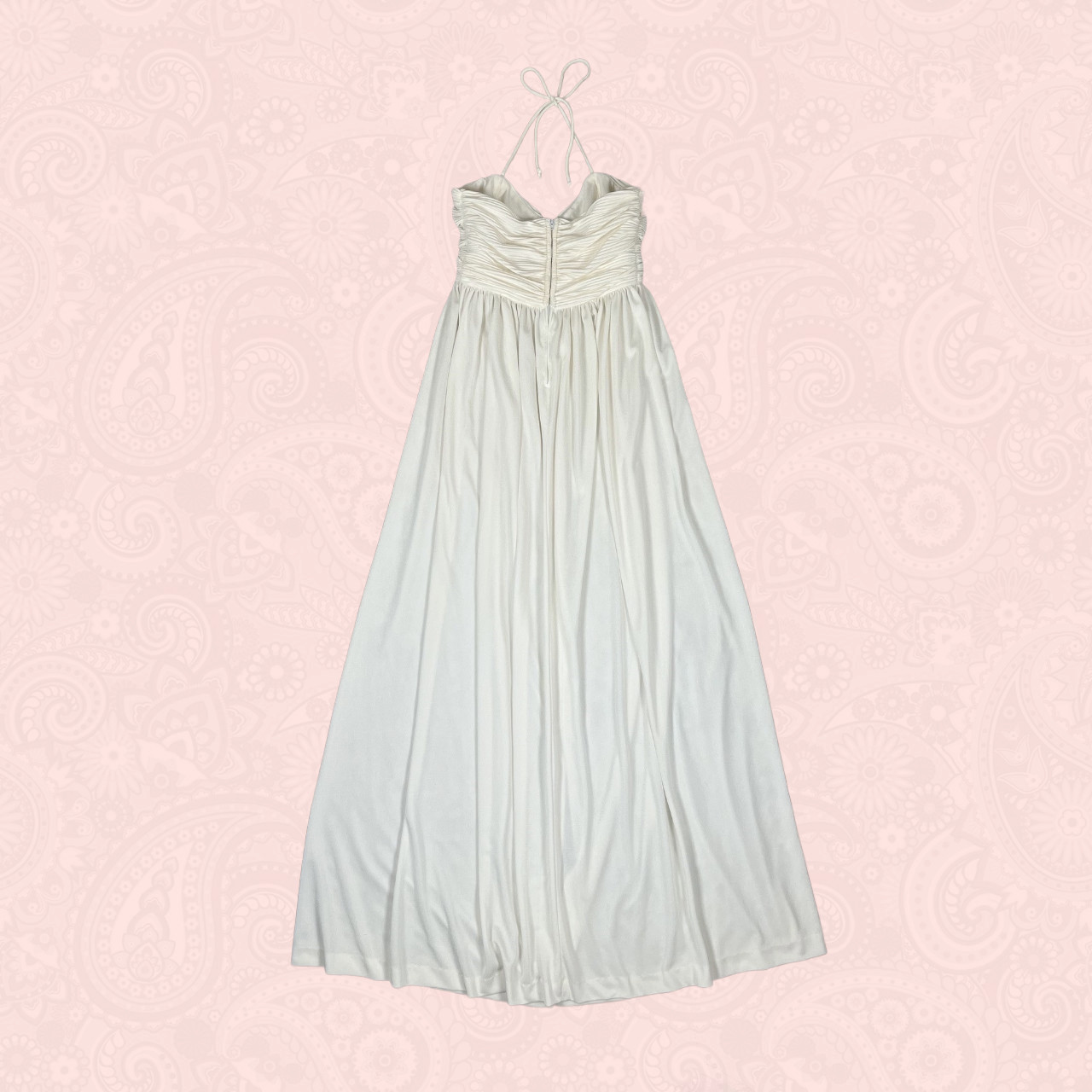 Vintage 70s Joy Stevens White Cream Strappy Halter Empire Waist Maxi Dress XS