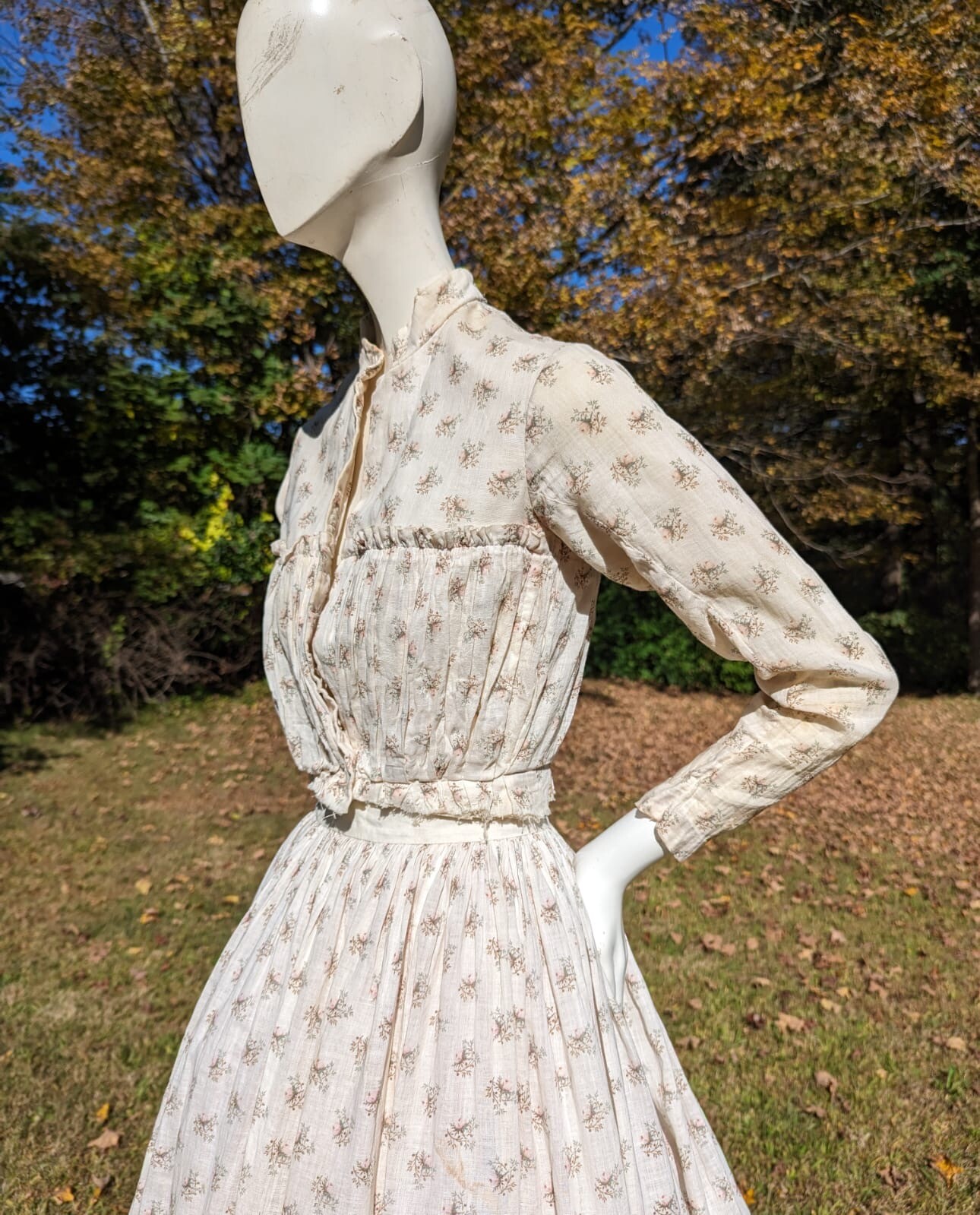 VICTORIAN 2 PC FLORAL PRINT MUSLIN SUMMER DRESS W RUFFLED BODICE 