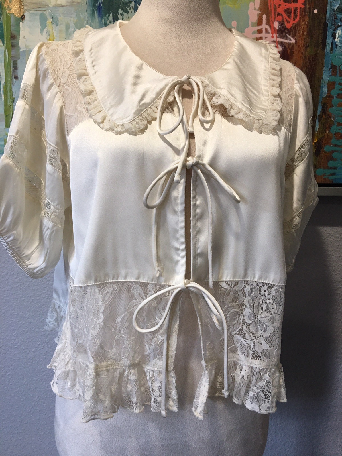 Vtg Reclaimed Vintage Satin Lace Crop Bolero Jacket S M
