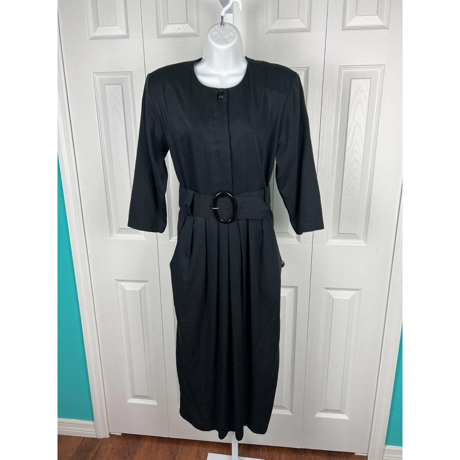80s Black Belted Midi Dress Pockets Minimalist Career USA Womens 10