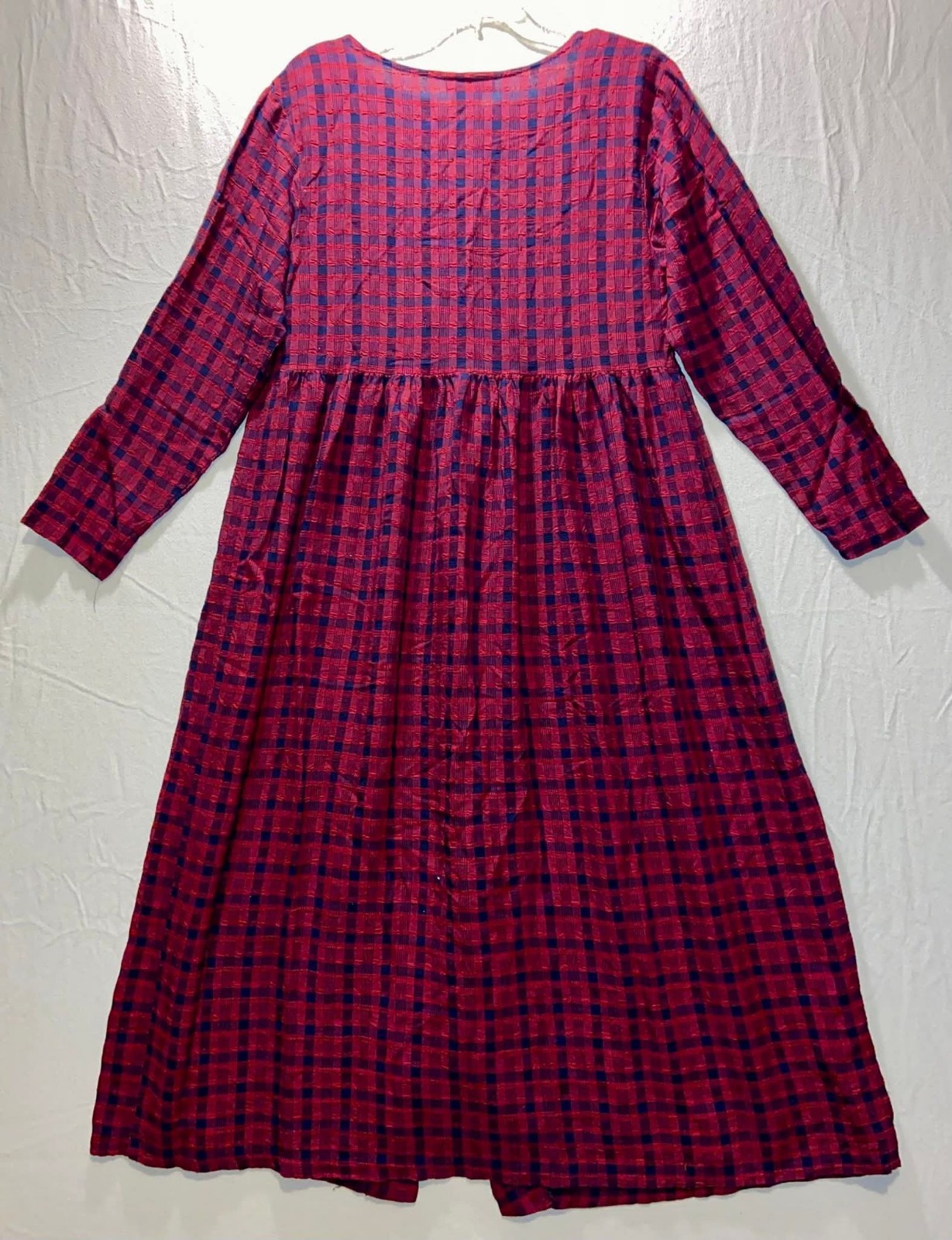 Vintage 90s Ellen Ashley Red Blue Plaid Long Sleeve Full Button Frt Maxi Dress M