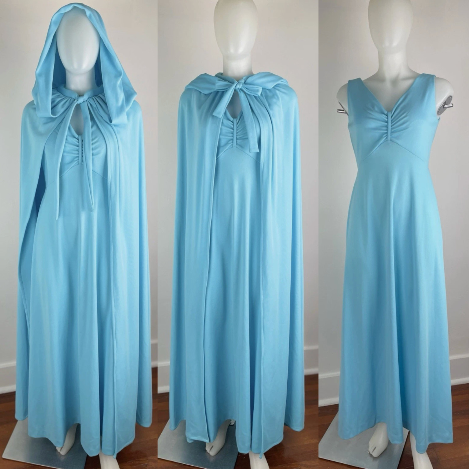 Vintage 60s 70s Dress & Hooded Cloak Cape Aqua Blue Matching Set 2 Piece Size 10