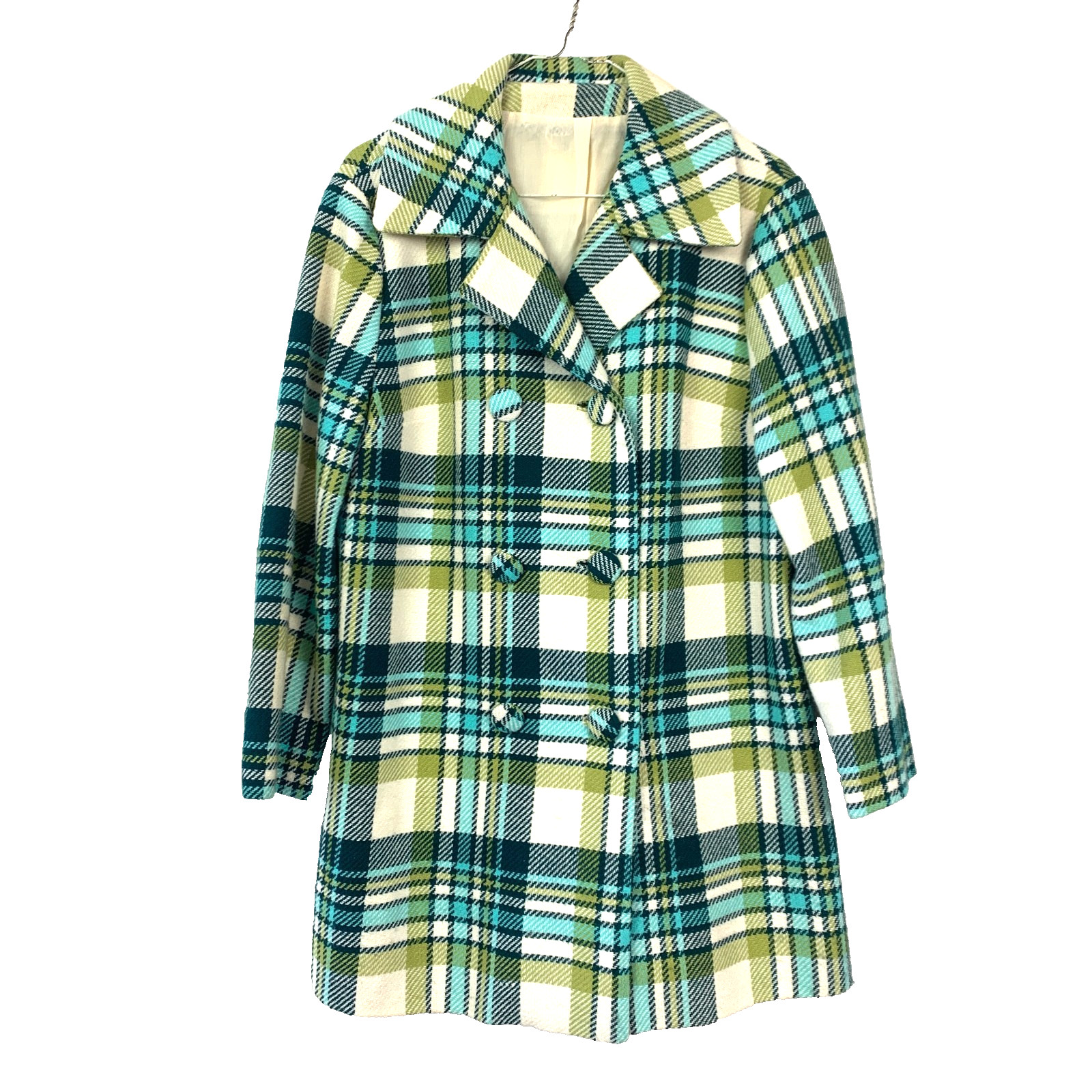 Vintage Plaid Colorful Mod Retro Peacoat Mrs Maisel Long Coat Chest 41″